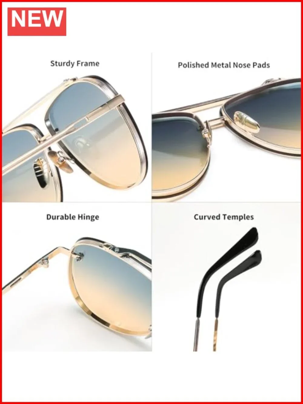 Oversized Aviator Sunglasses Metal Frame Gradient Lenses UV Protection
